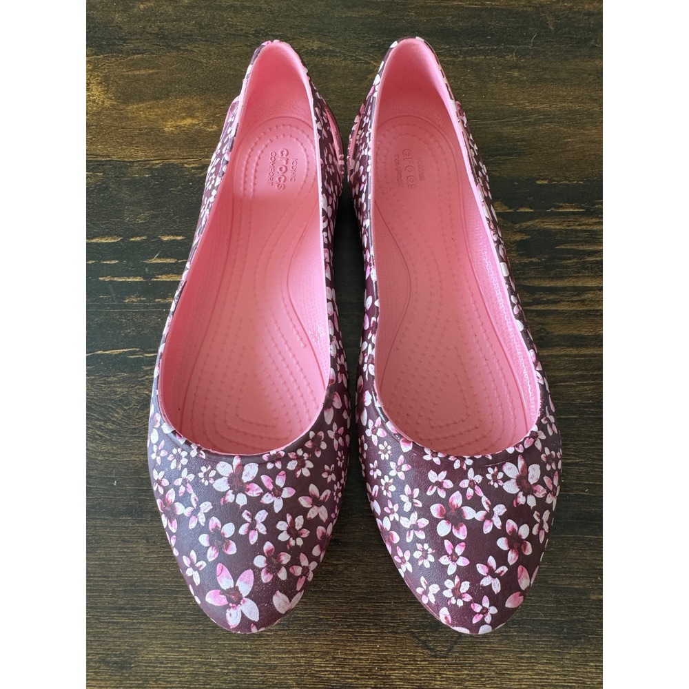 Crocs Kadee Floral Print Flats Pink Purple Womens Size 8 Slip On Shoes